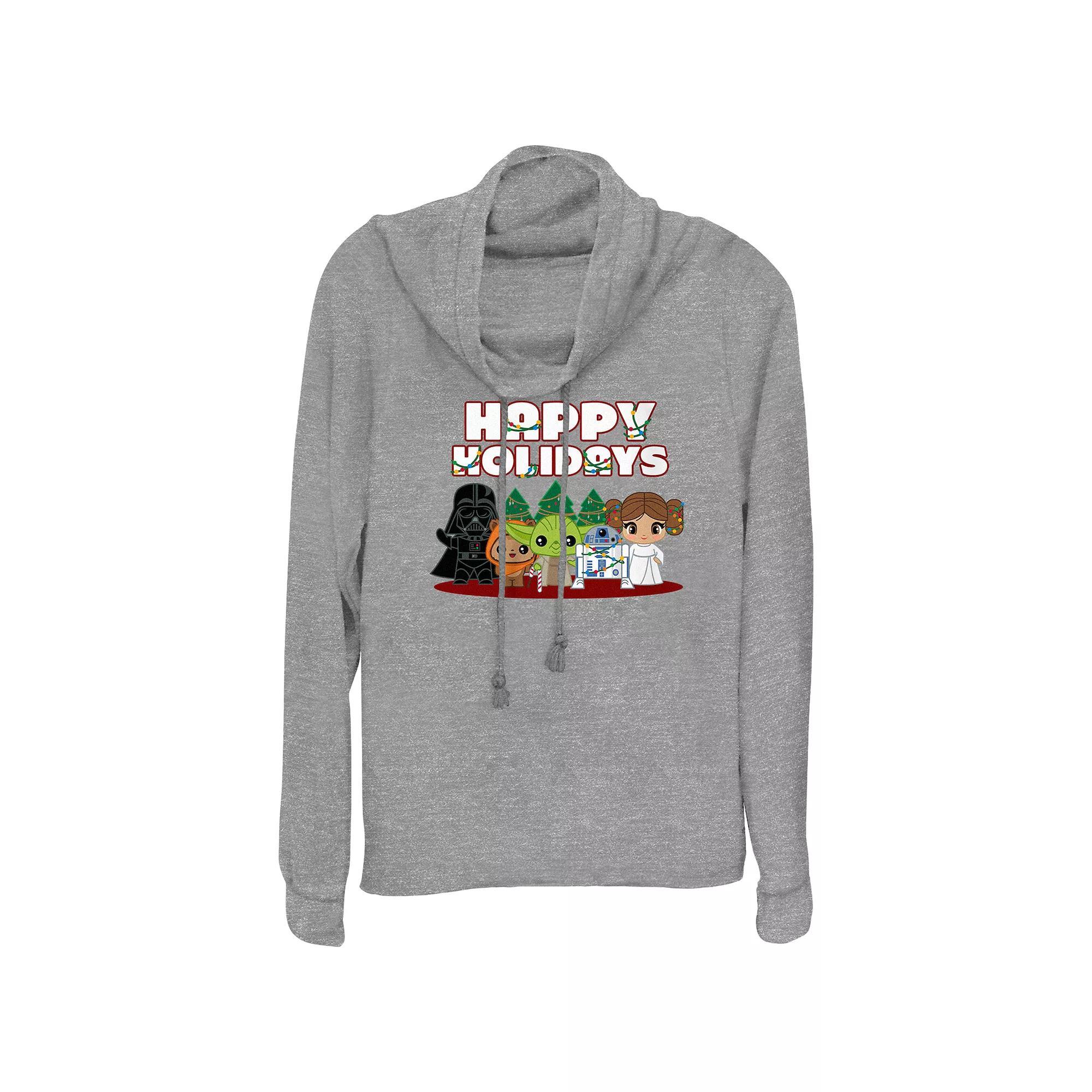 Women's Star Wars Characters Happy Holidays Cowlneck Graphic Lightweight Long Sleeve, Size: Small, Gray Grey Product Image
