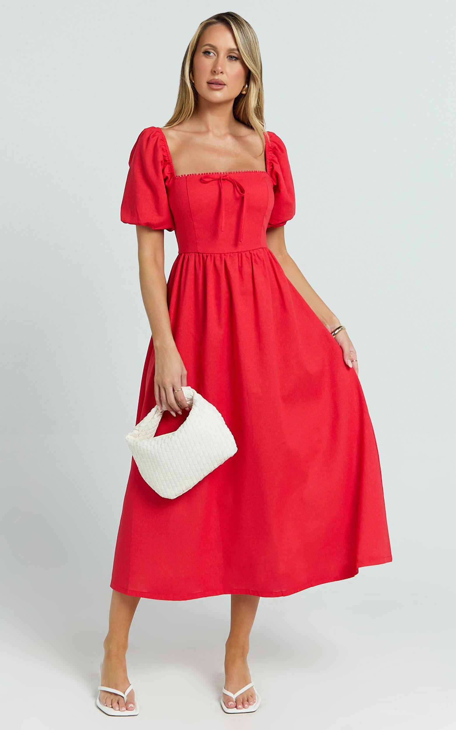 Quinn Midi Linen Dress - Puff Sleeve Square Neck Dress in Red Product Image