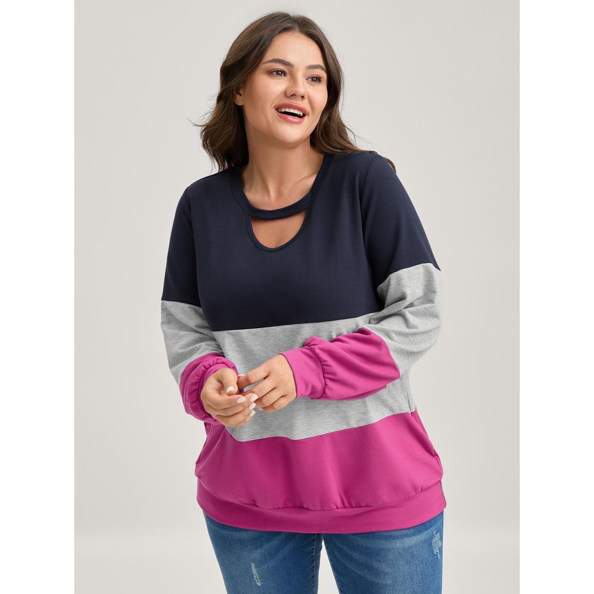 Plus Size Supersoft Color Block Neck Cut-Out Sweatshirt Women Indigo Round Neck Everyday-Casual Sweatshirts BloomChic 22-24/3X Product Image