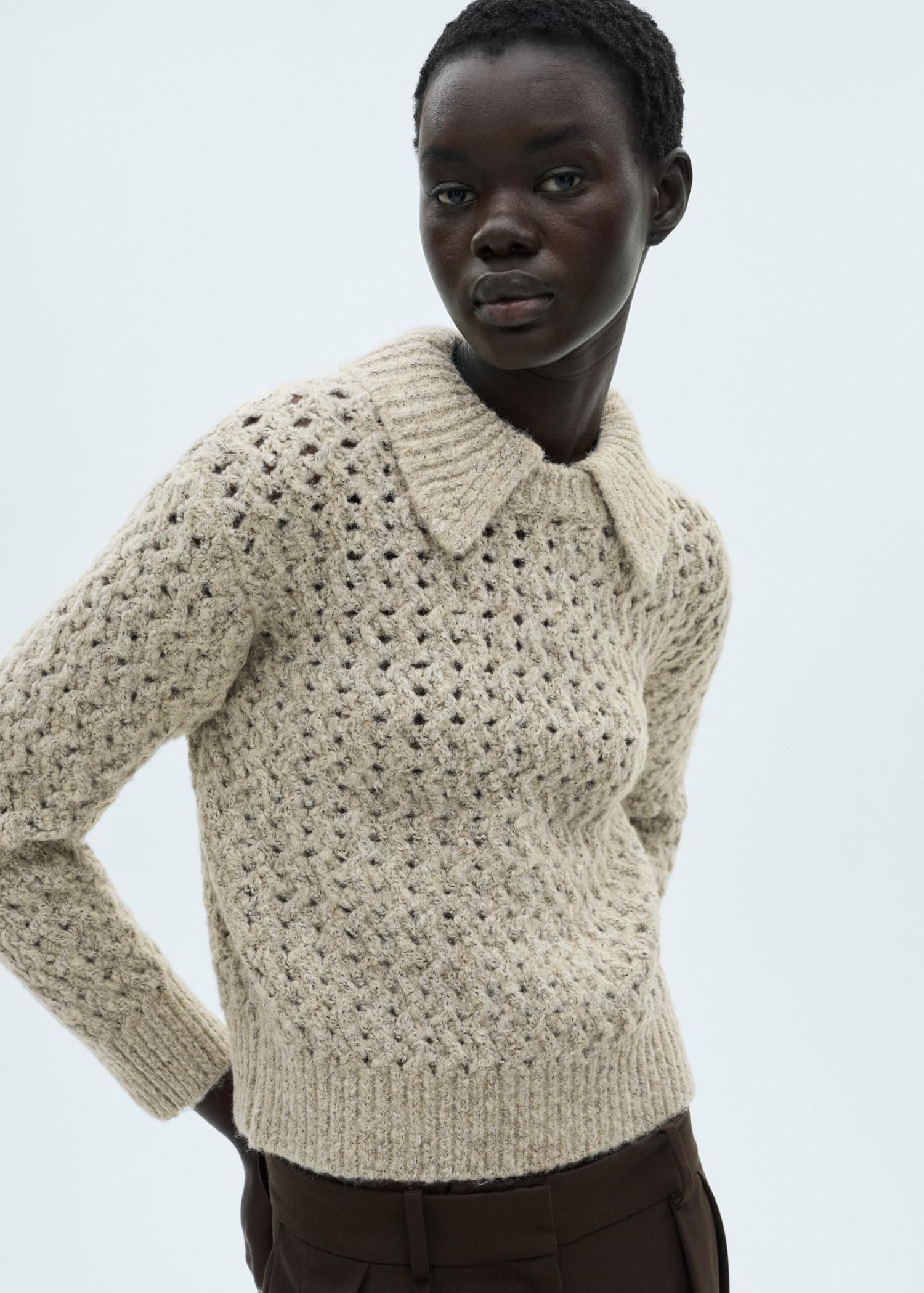 Openwork knitted polo-neck sweater - Women | MANGO USA Product Image