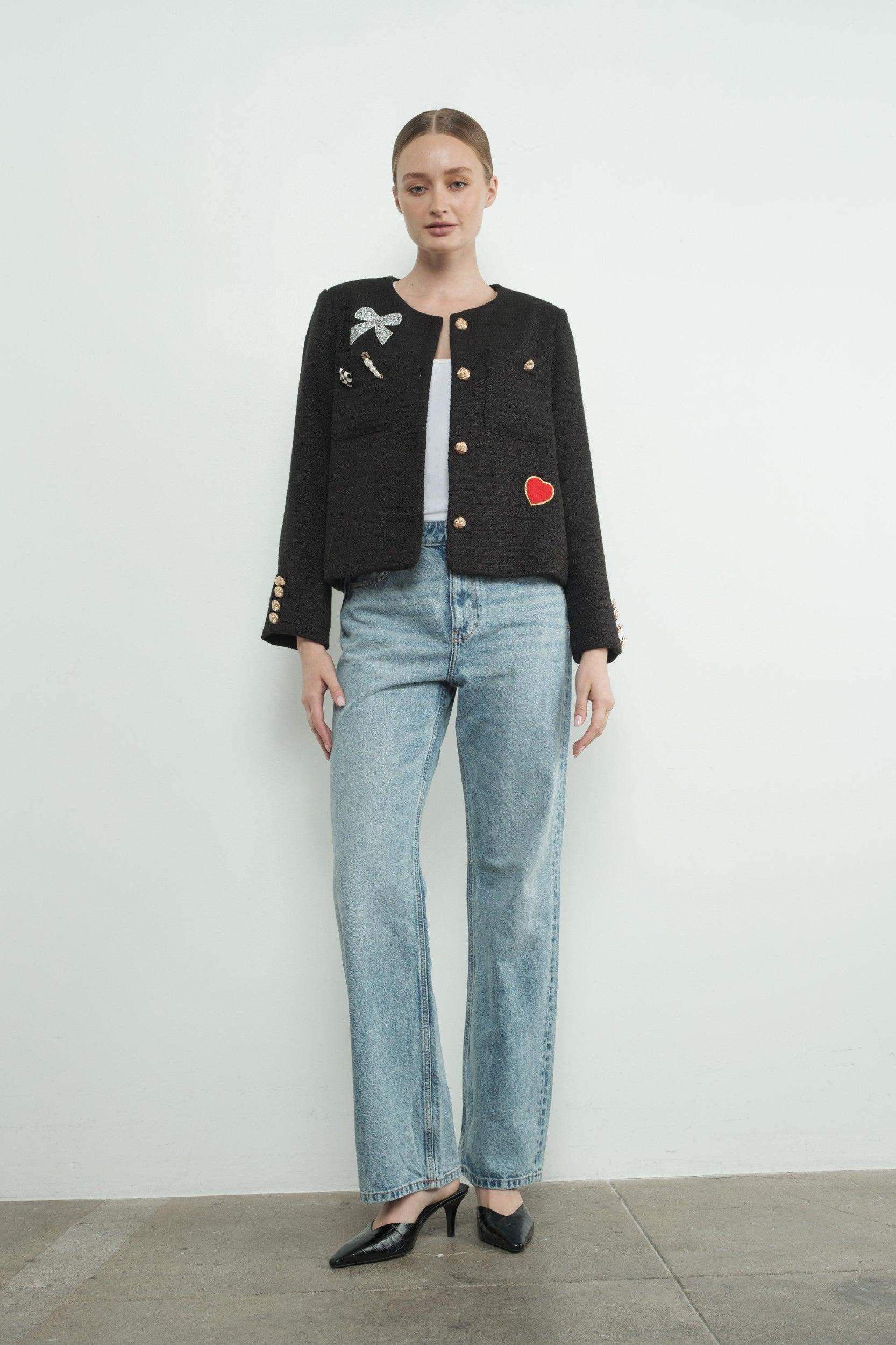 Rhinestones Pearl Pin and Heart Patch Jacket Product Image