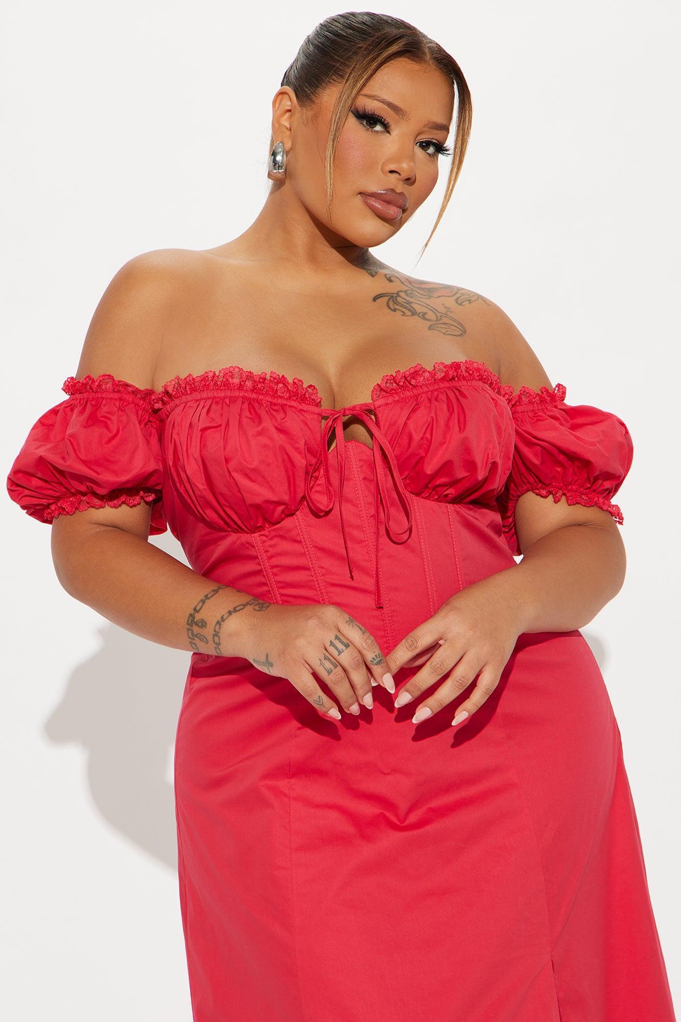 Eleanor Milkmaid Midi Dress - Red Product Image