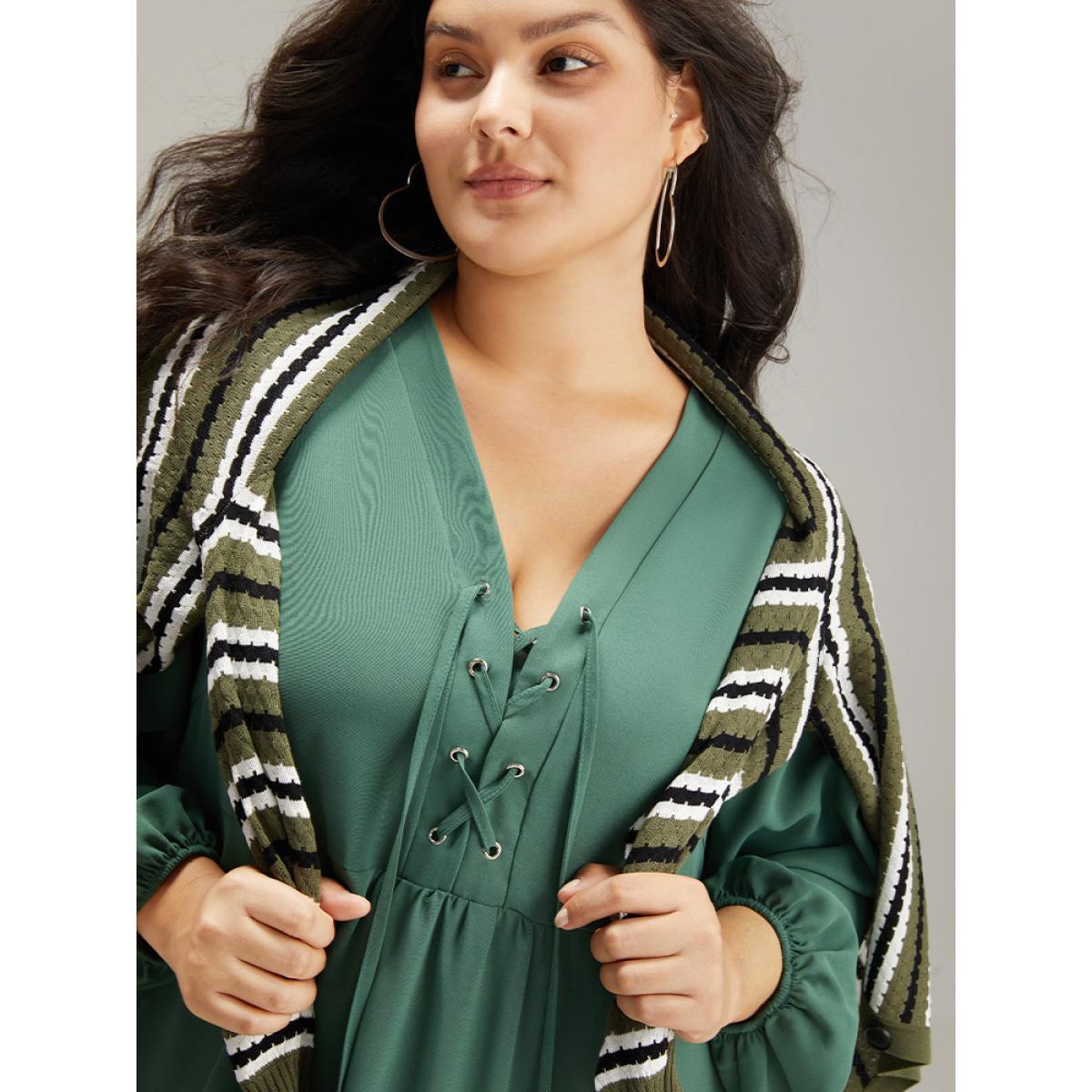 Plus Size Plain Lace Up Split Hem Lantern Sleeve Dress Mint Women Casual Elastic cuffs Tie Neck Long Sleeve Curvy Midi Dress BloomChic 26/4X Product Image