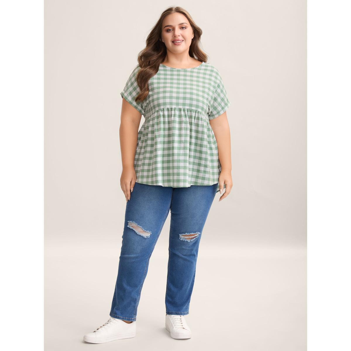 Plus Size Sage Plaid Pattern Waist-Cinched Blouse Women Casual Short sleeve Round Neck Everyday-Casual Blouses BloomChic 10/M Product Image