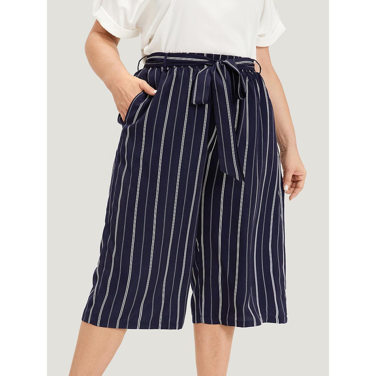 Plus Size Striped Belted Pocket High Rise Cropped Pants Women Indigo Office Straight Leg High Rise Work Pants BloomChic 18-20/2X Product Image