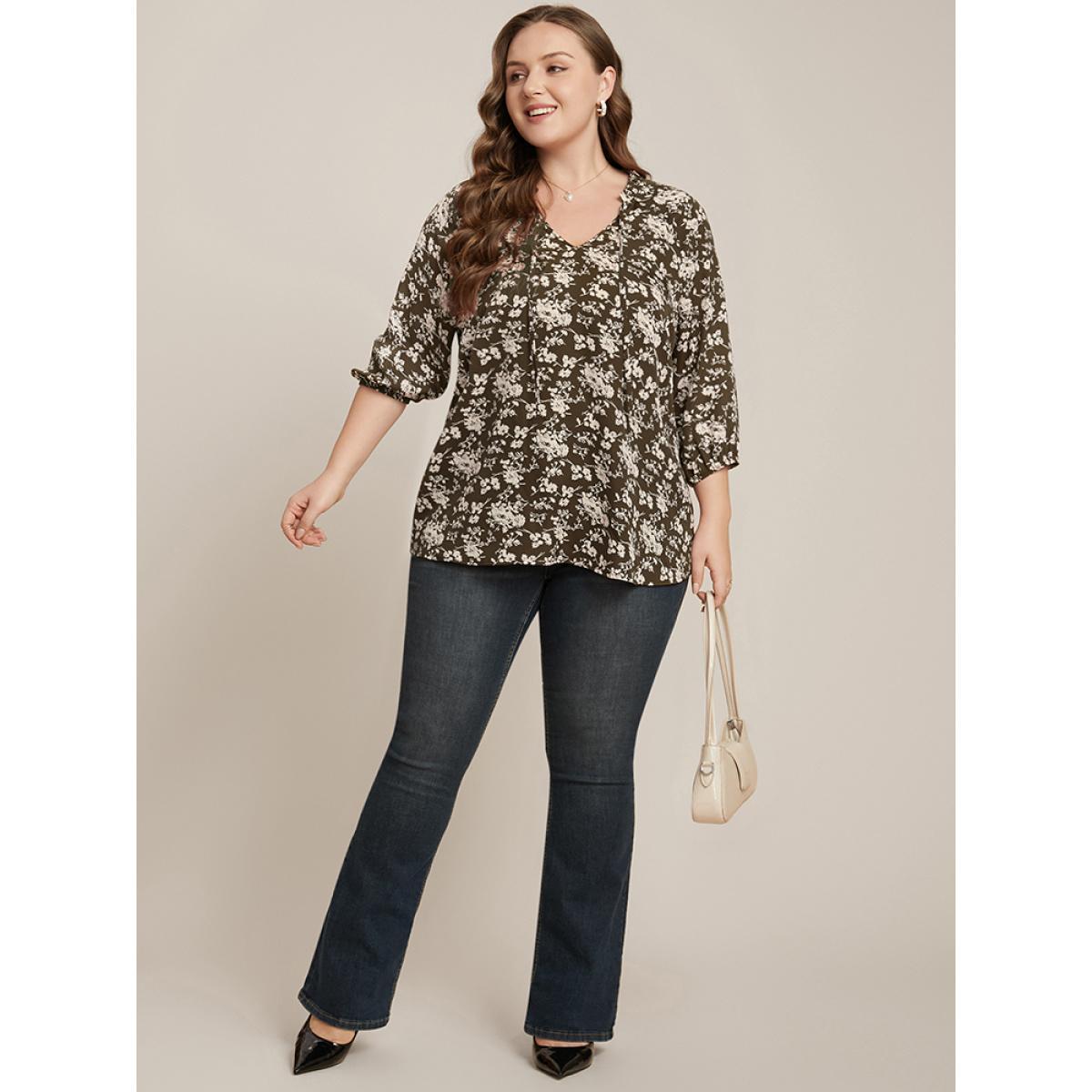 Plus Size DarkBrown Floral Print Lantern Sleeve Tie V Neck Blouse Women Elegant Elbow-length sleeve V-neck Dailywear Blouses BloomChic 26/4X Product Image