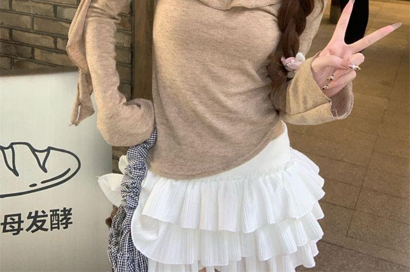 Long-Sleeve Cold Shoulder Ruffle Trim Knit Top Product Image