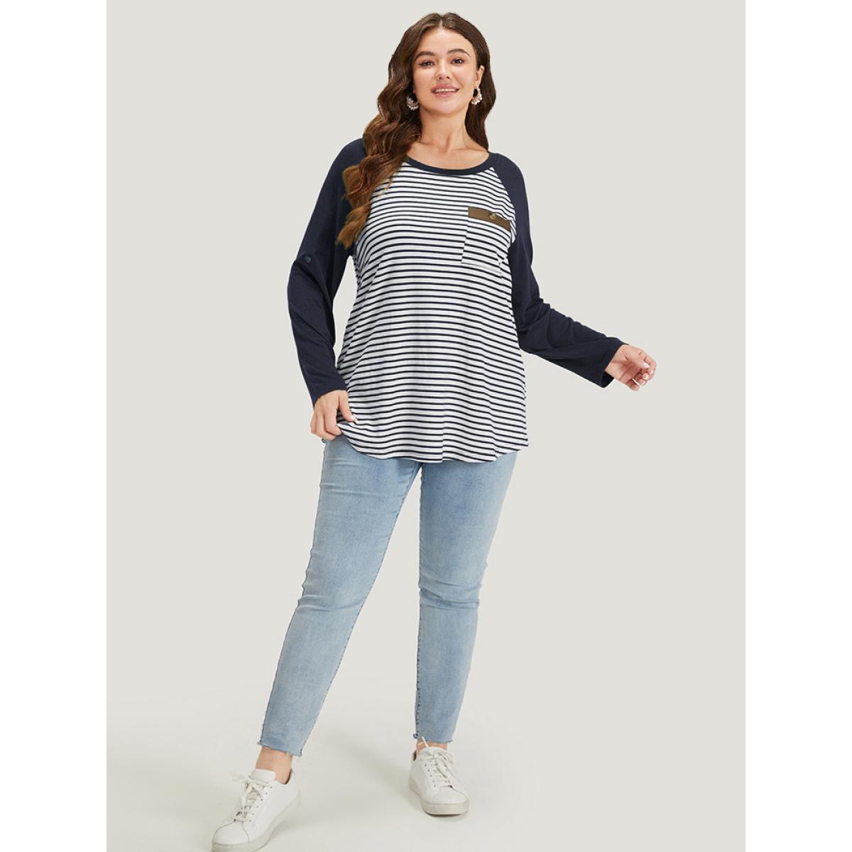 Plus Size Striped Patchwork Patched Pocket Raglan Sleeve T-shirt DarkBlue Women Casual Contrast Striped Round Neck Dailywear T-shirts BloomChic 12/L Product Image