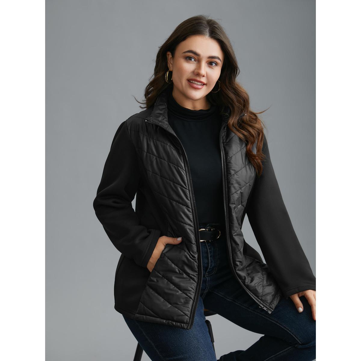 Plus Size Funnel Neck Contrasting Design Zipper Coat Women Black Casual Topstitching Ladies Everyday Winter Coats BloomChic 28/5X Product Image