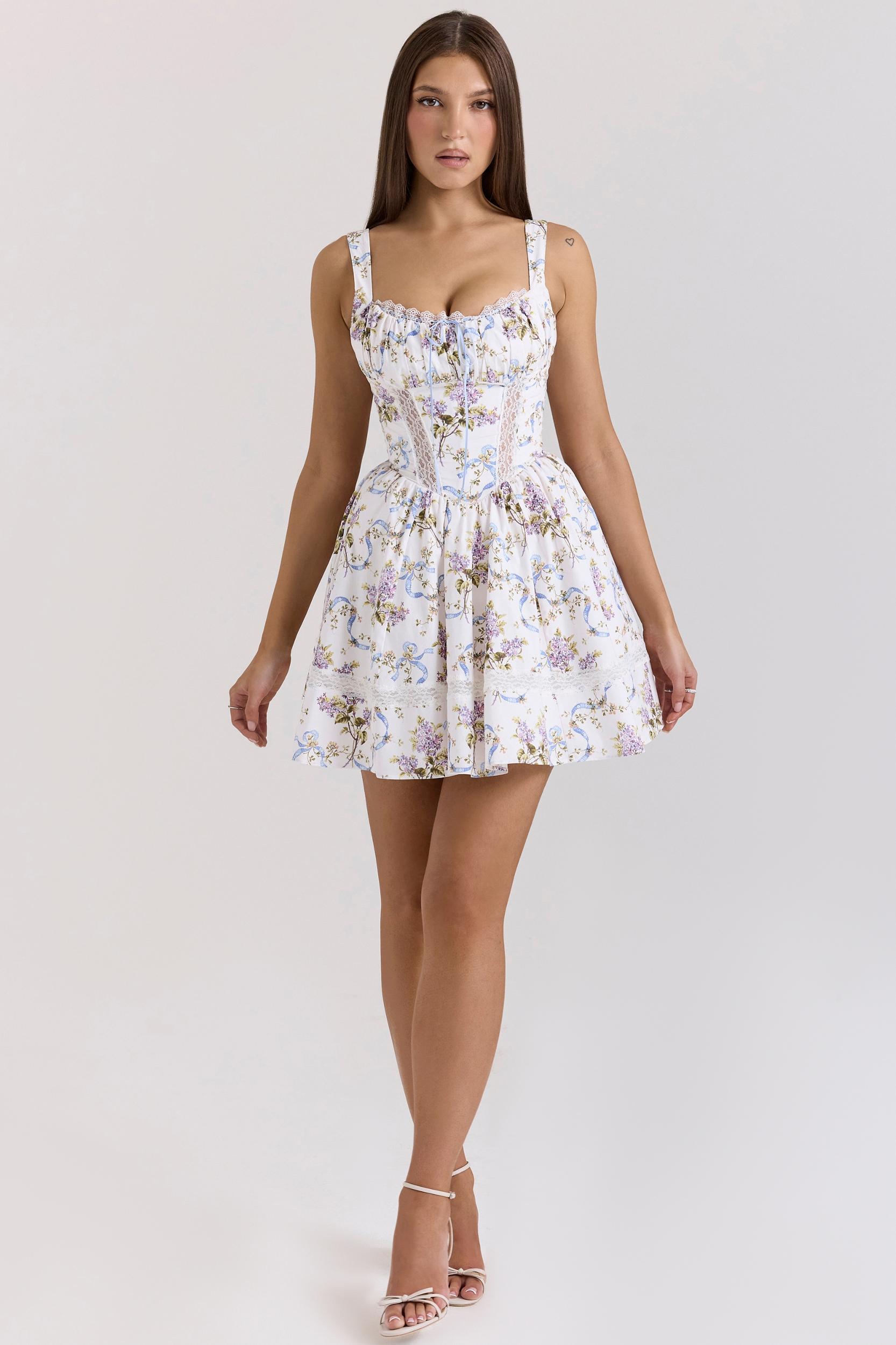 Kimmie  white floral ribbon print cotton mini dress Product Image