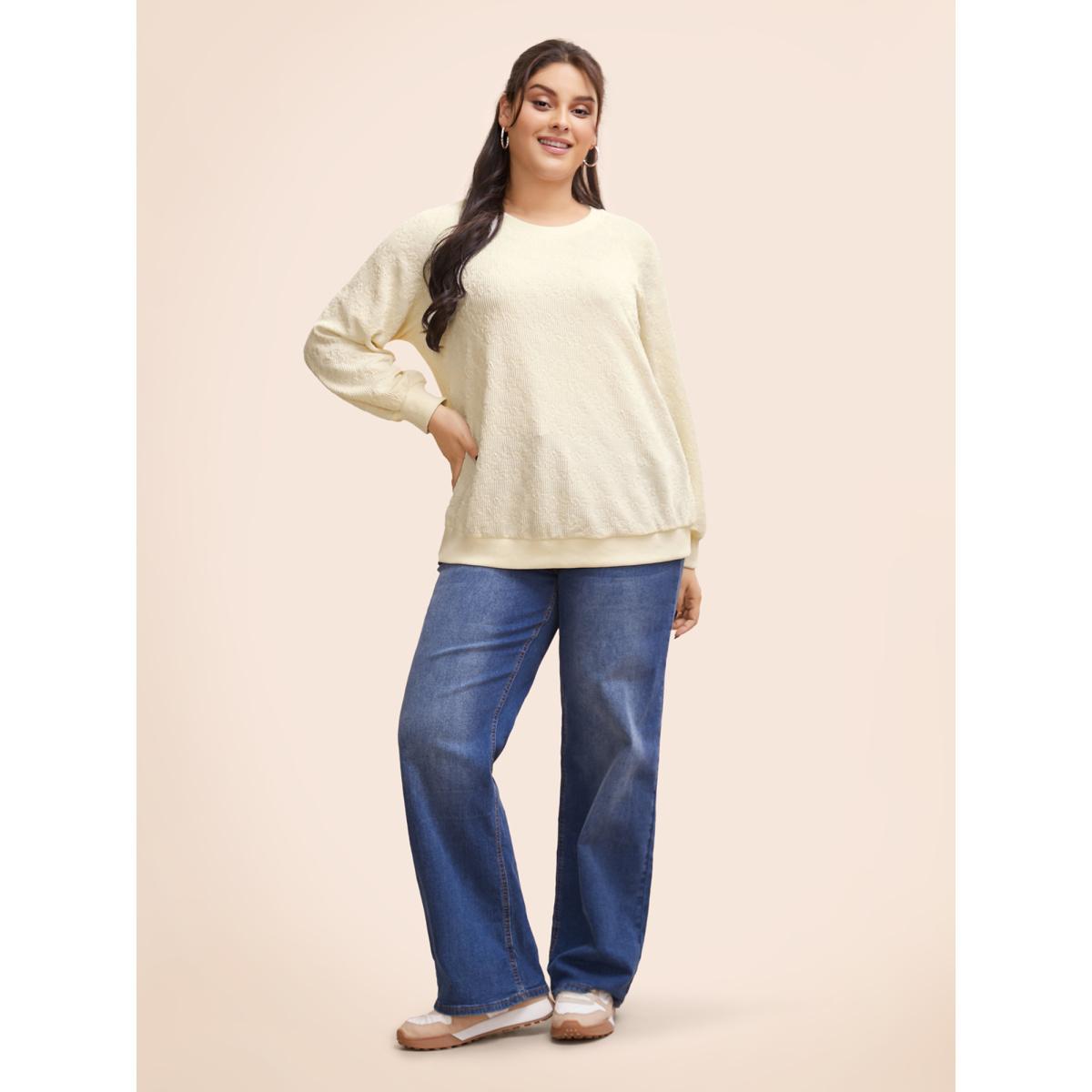 Plus Size Crew Neck Plain Textured Raglan Sleeve Sweatshirt Women Beige Elegant Texture Round Neck Everyday Sweatshirts BloomChic 28/5X Product Image