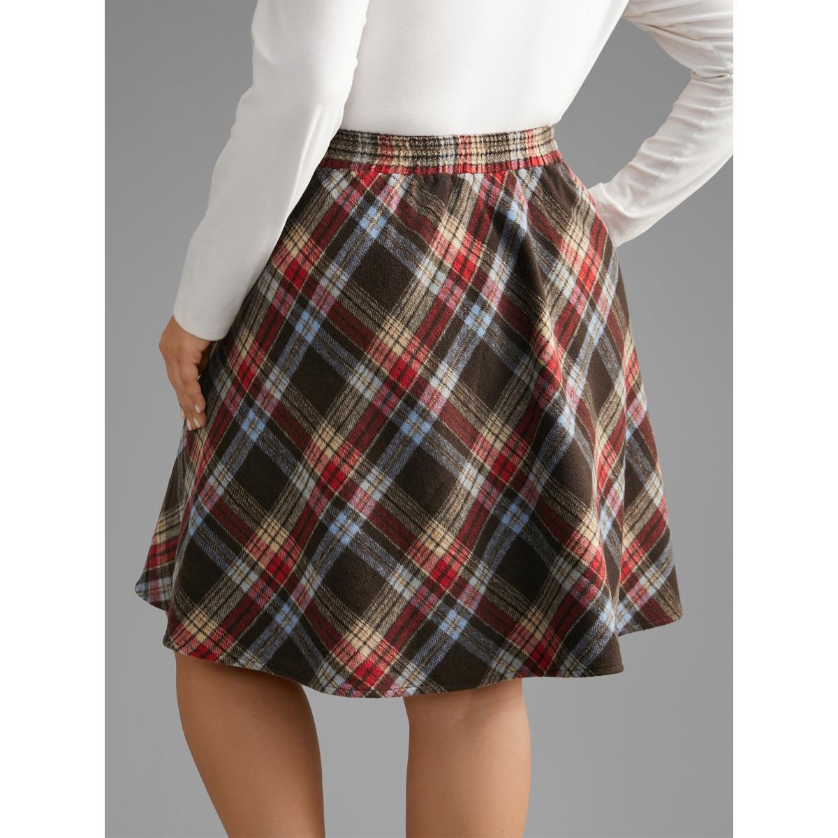 Plus Size Plaid Pattern Elastic Waist A-line Mini Skirt Women DarkBrown Elegant Low stretch Slanted pocket Everyday Skirts BloomChic 22-24/3X Product Image