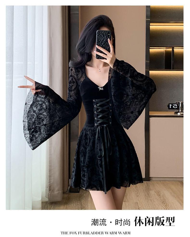 Long-Sleeve Lace-Up Velvet Mini A-Line Dress Product Image