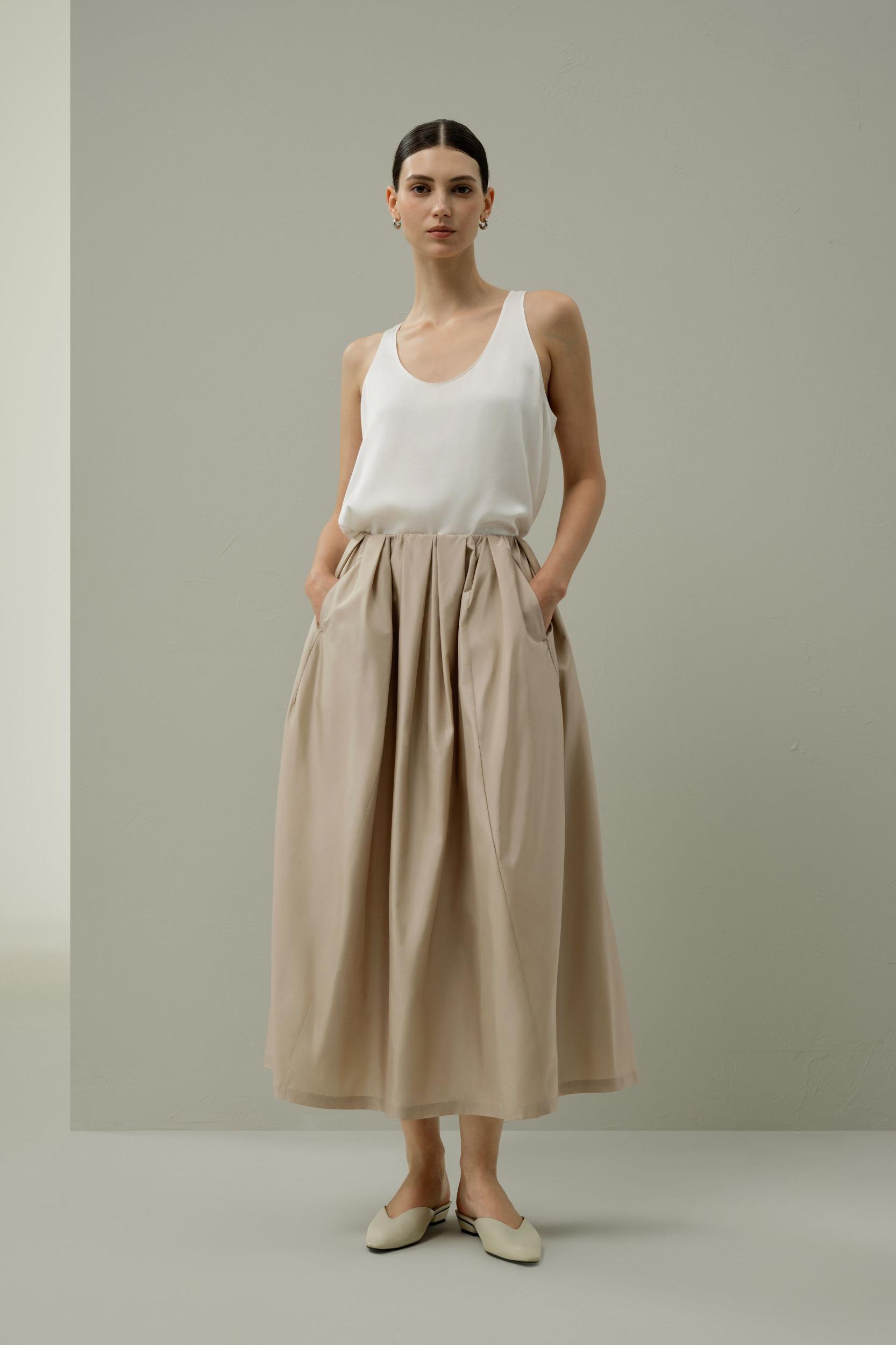Waist-Pleated Silk Taffeta Skirt Product Image