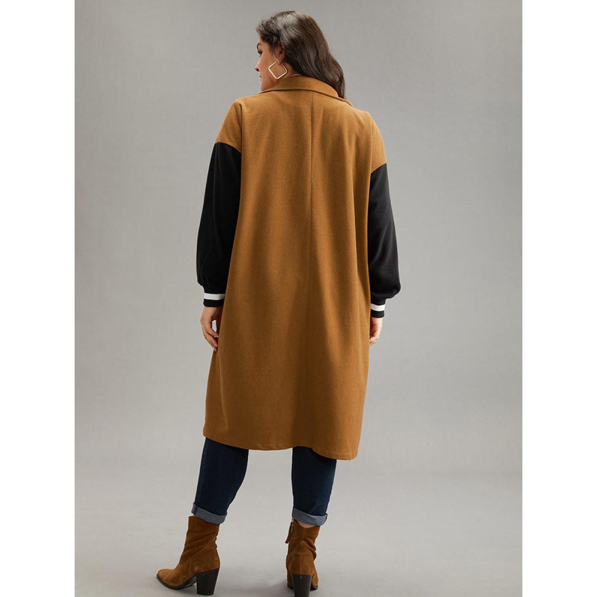 Plus Size Lapel Collar Patchwork Contrast Trim Coat Women Tan Casual Contrast Ladies Everyday Winter Coats BloomChic 18-20/2X Product Image