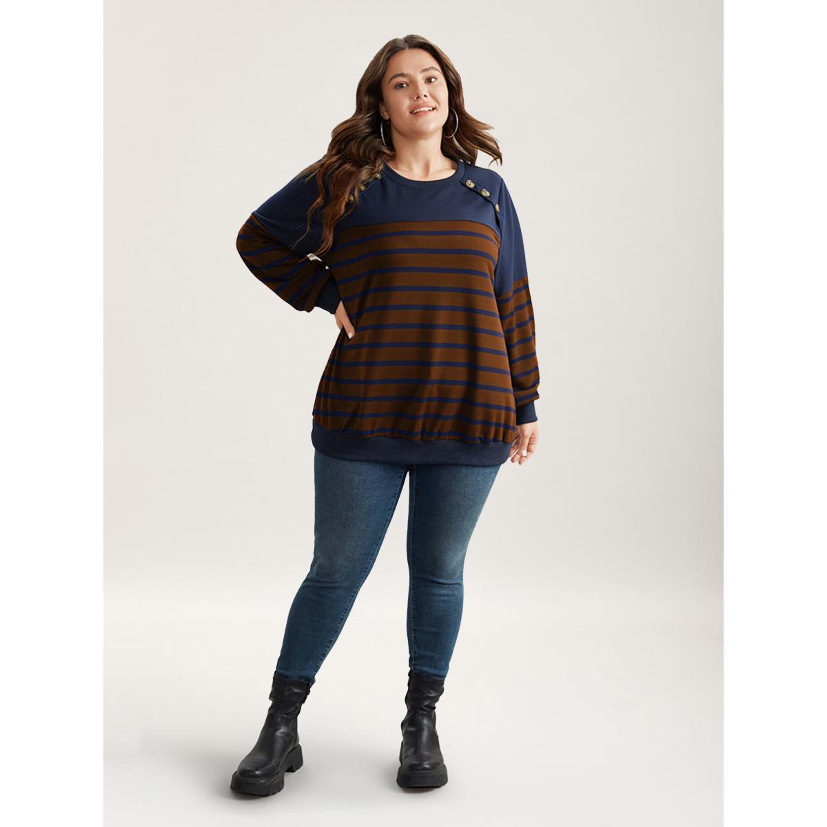 Plus Size Striped Patchwork Button Detail Sweatshirt Women Bronze Casual Non Round Neck Everyday Sweatshirts BloomChic 22-24/3X Product Image