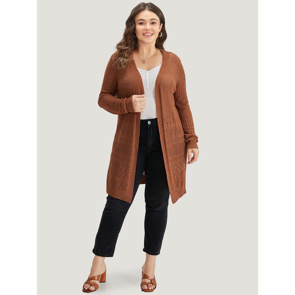 Plus Size Solid Geometric Hollow Out Open Front Cardigan Chocolate Women Casual Long Sleeve Dailywear Cardigans BloomChic 30/6X Product Image