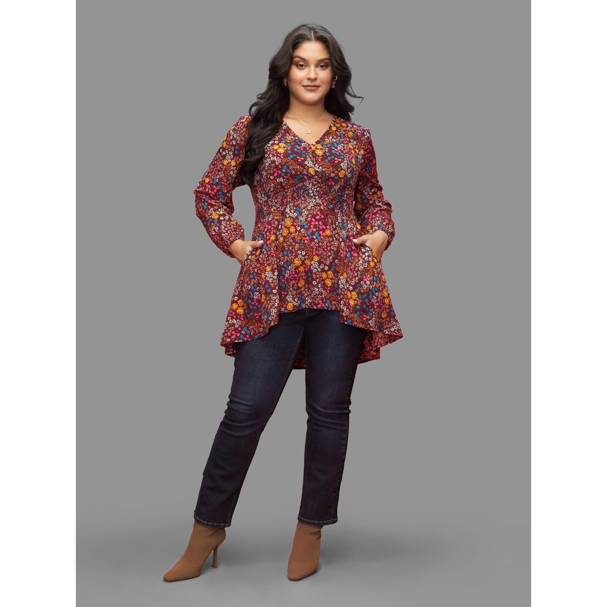 Plus Size Deepred Floral Smocked Waistline Surplice Neck Blouse Women Elegant Long Sleeve Overlap Collar Everyday Blouses BloomChic 30/6X Product Image