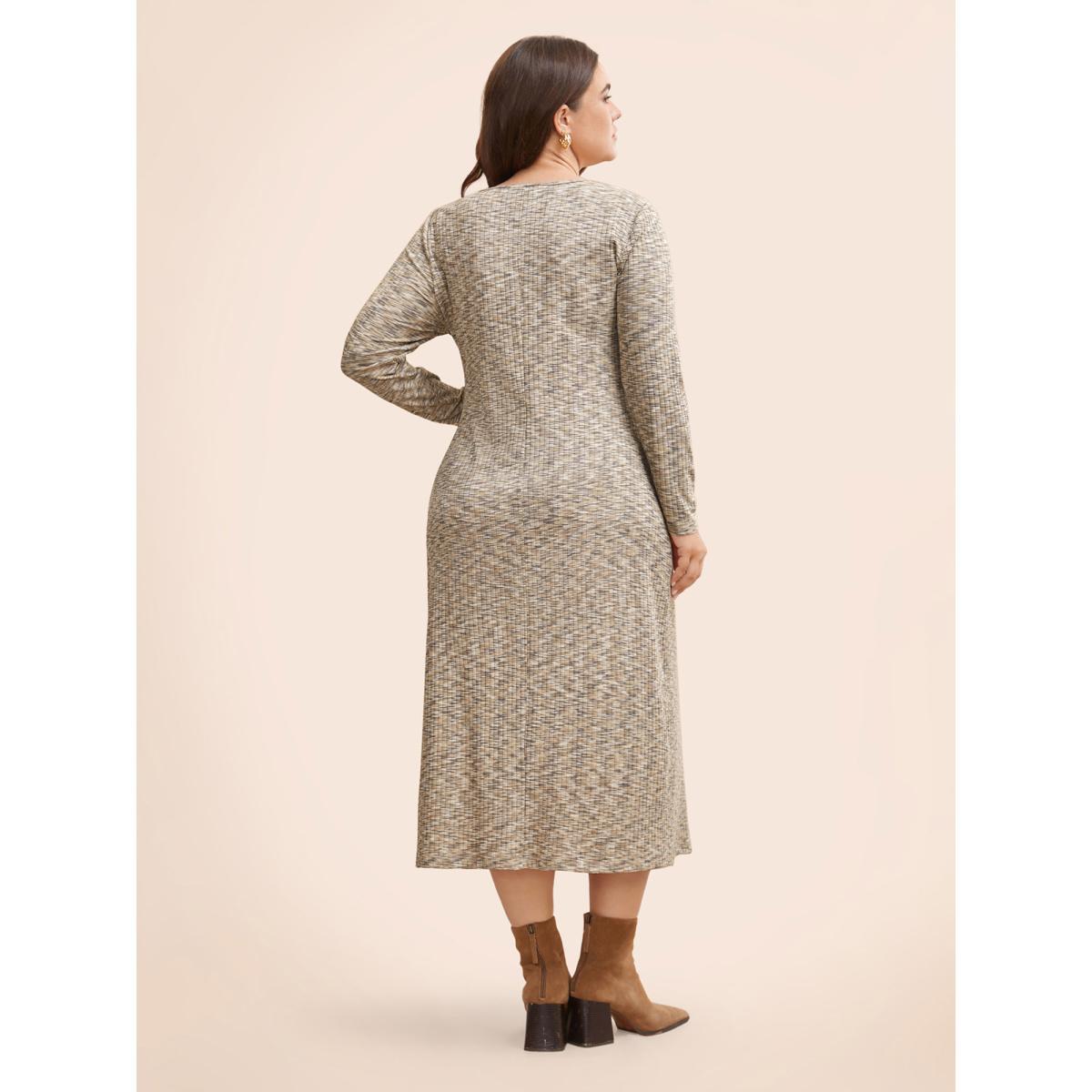 Plus Size Heather Pit Strip Cut Out Dress LightBrown Women Elegant Distressed Round Neck Extra Long Sleeve Curvy BloomChic 22-24/3X Product Image