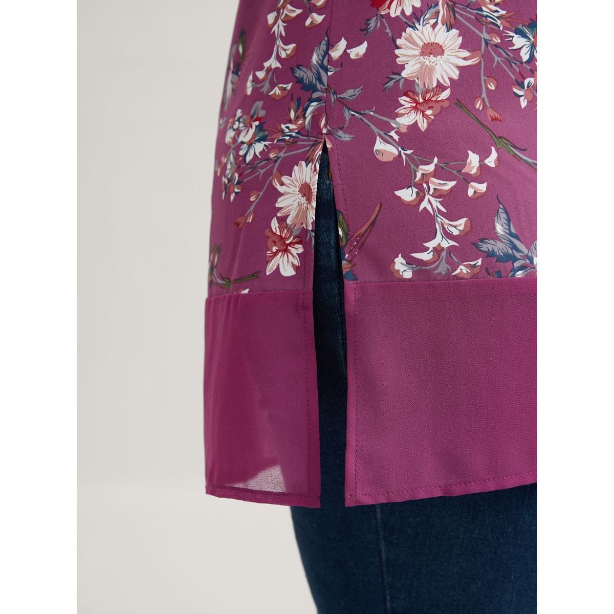 Plus Size Deeppurplered Garden Print Spliced V-Neck Blouse Women Elegant Short sleeve V-neck Everyday Blouses BloomChic 12/L Product Image