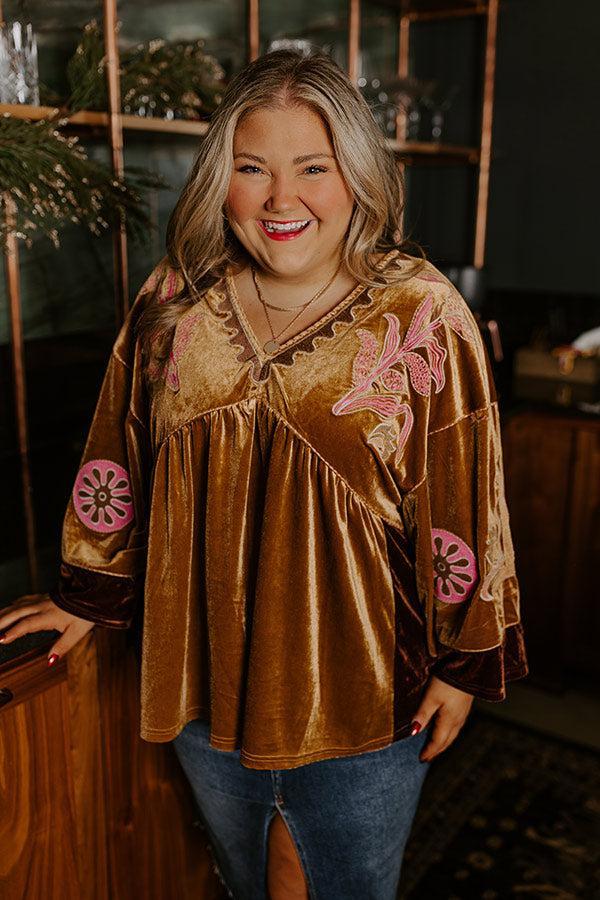 Feeling Boho Embroidered Velvet Top in Mustard Curves Product Image