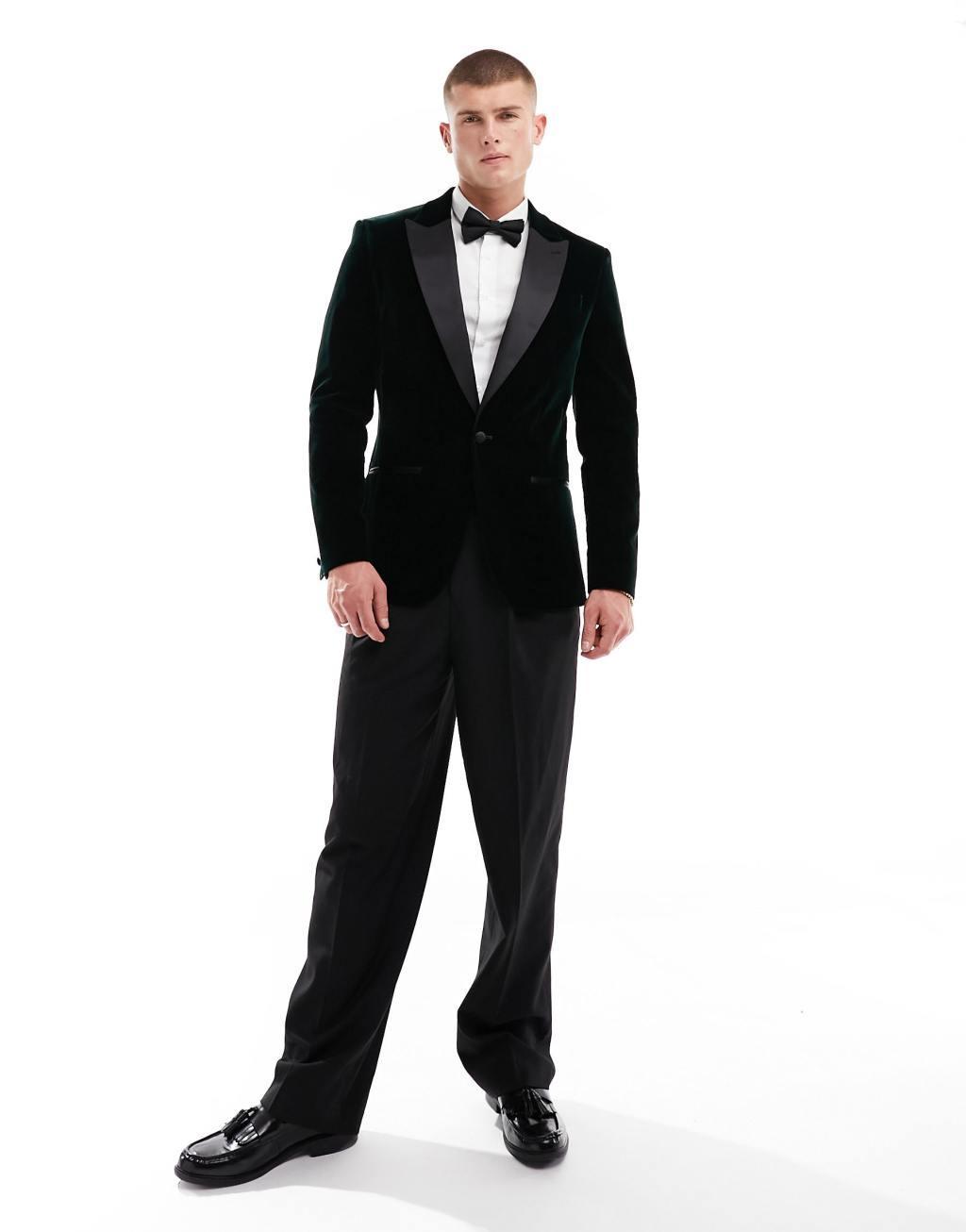 River Island velvet tuxedo jacket in dark green Product Image