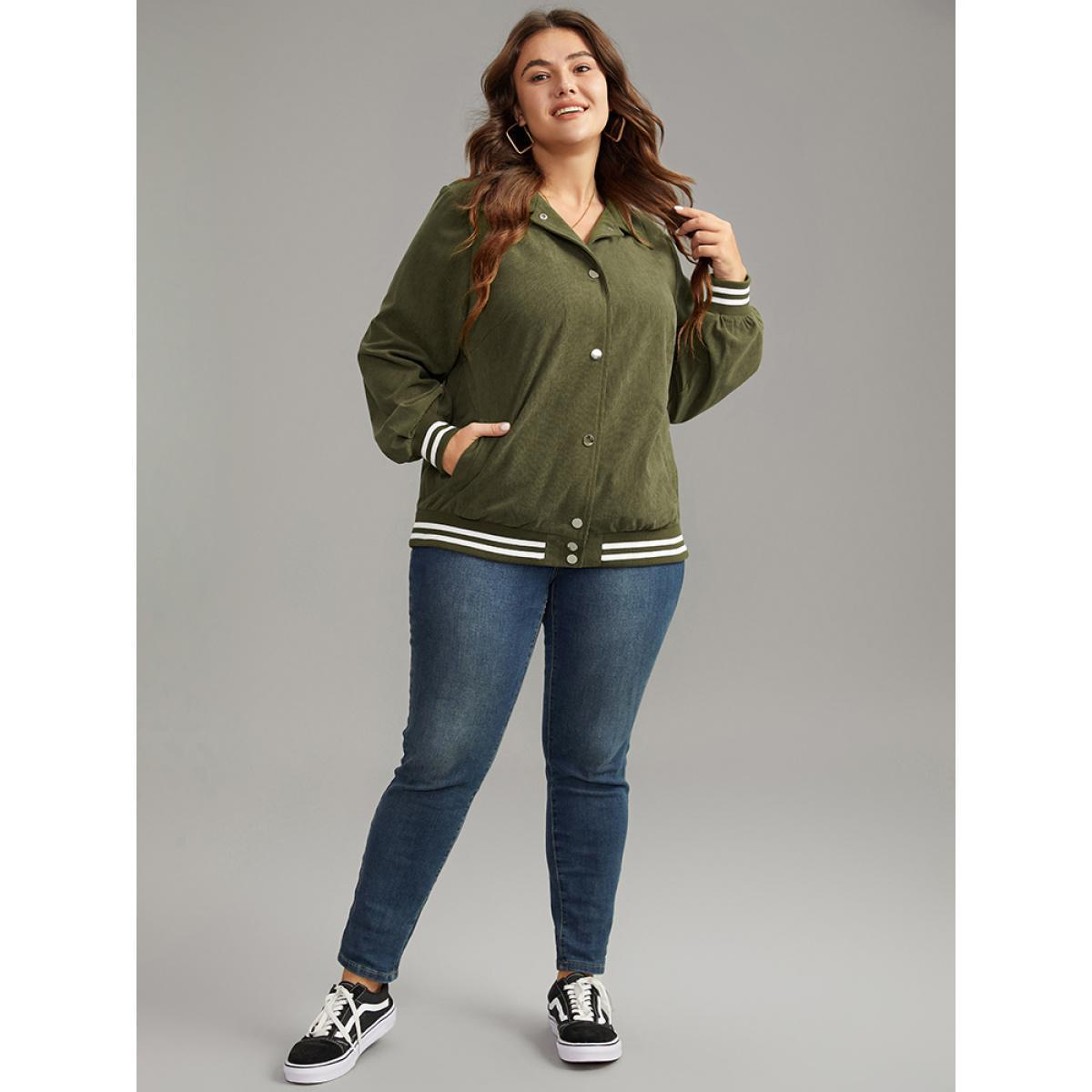 Plus Size Corduroy Striped Trim Button Up Jacket Women ArmyGreen Elastic cuffs Pocket Dailywear Jackets BloomChic 28/5X Product Image