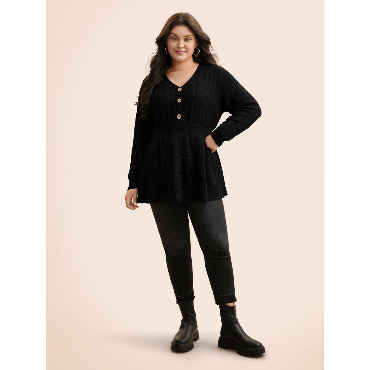 Plus Size Texture Cable Knit Button Detail Pullover Black Women Casual Long Sleeve V-neck Everyday Pullovers BloomChic 30/6X Product Image