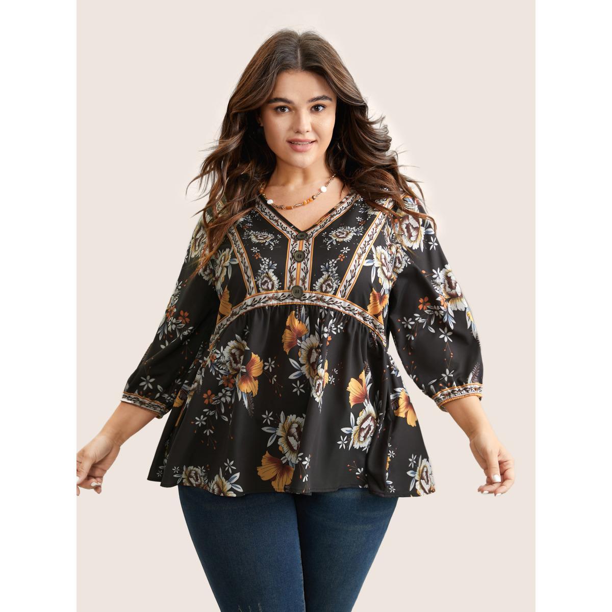 Plus Size Black Boho Print V Neck Button Detail Gathered Blouse Women Vacation Elbow-length sleeve V-neck Vacation Blouses BloomChic 28/5X Product Image
