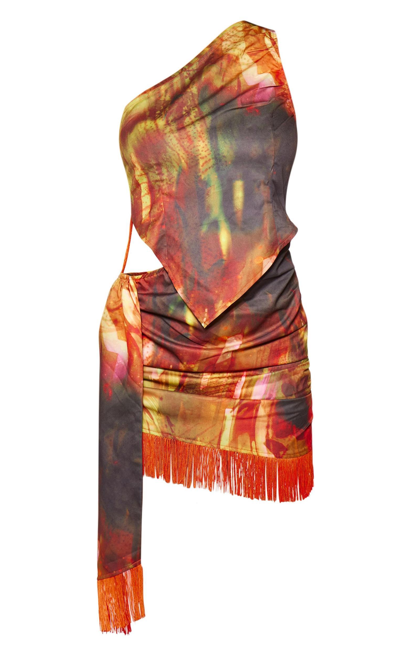 Green Abstract Print Halter Neck Fringe Mini Dress Product Image