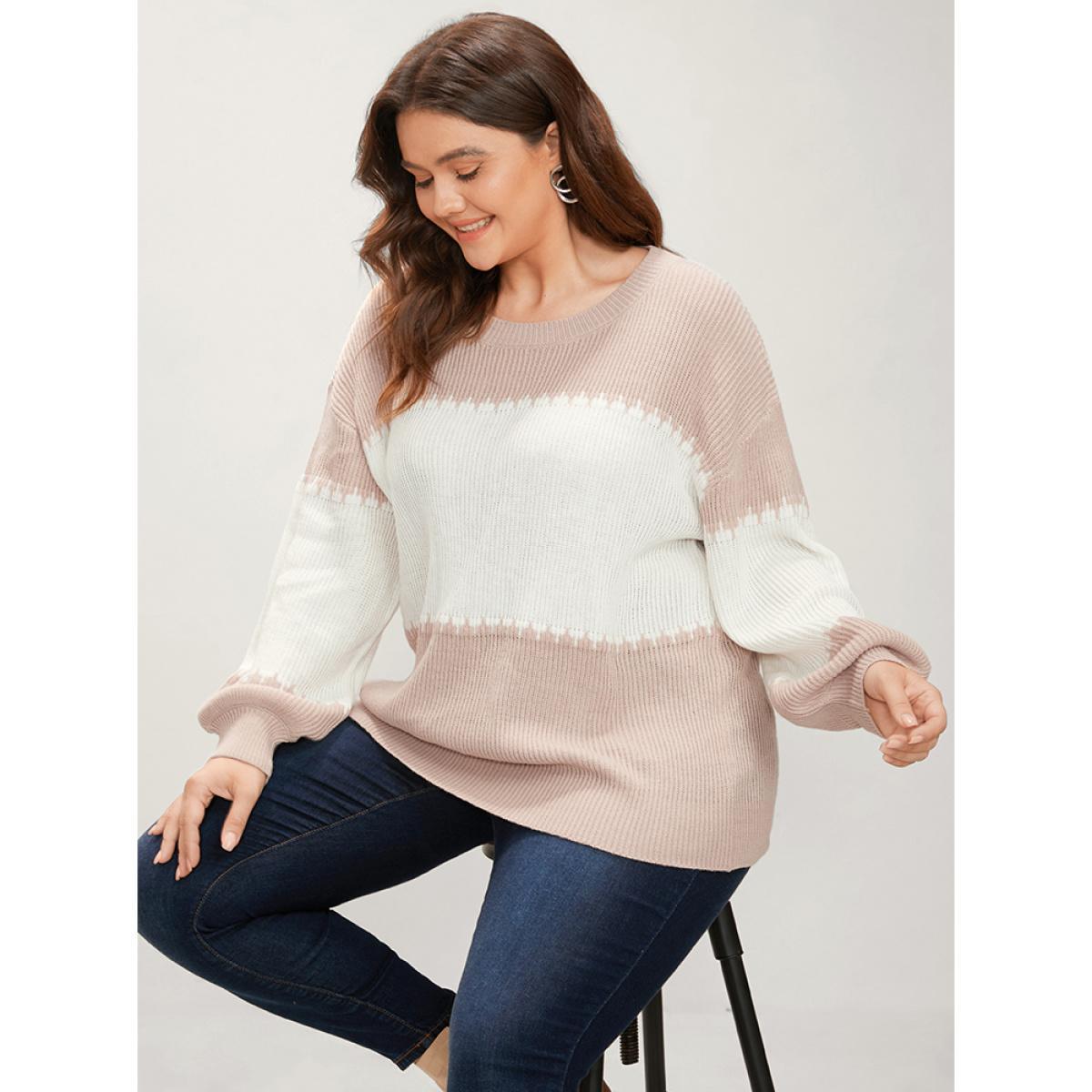 Plus Size Colorblock Contrast Pointelle Knit Lantern Sleeve Round Neck Knit Top DustyPink Women Casual Loose Long Sleeve Round Neck Dailywear Pullovers BloomChic 12/L Product Image