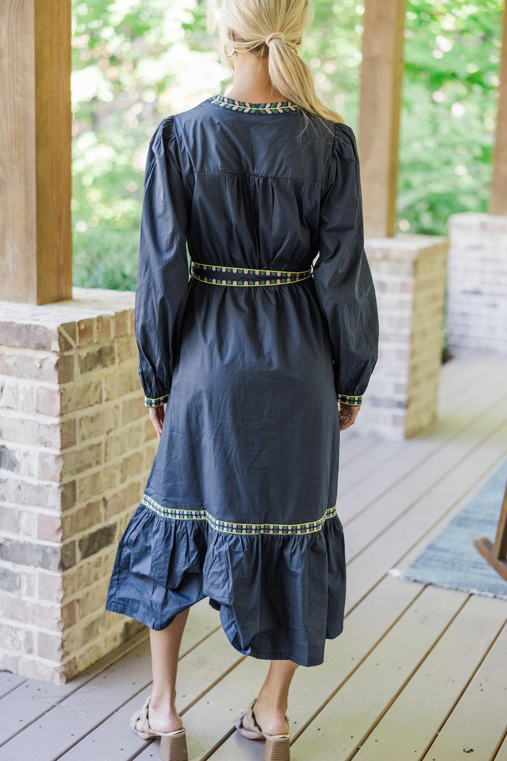Take The Day Navy Blue Embroidered Midi Dress Female Product Image