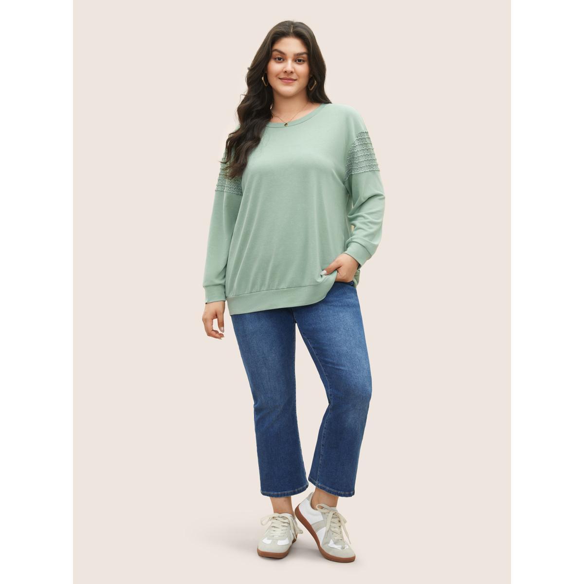Plus Size Solid Lace Panel Drop Shoulder Sweatshirt Women Mint Casual Non Round Neck Everyday Sweatshirts BloomChic 28/5X Product Image