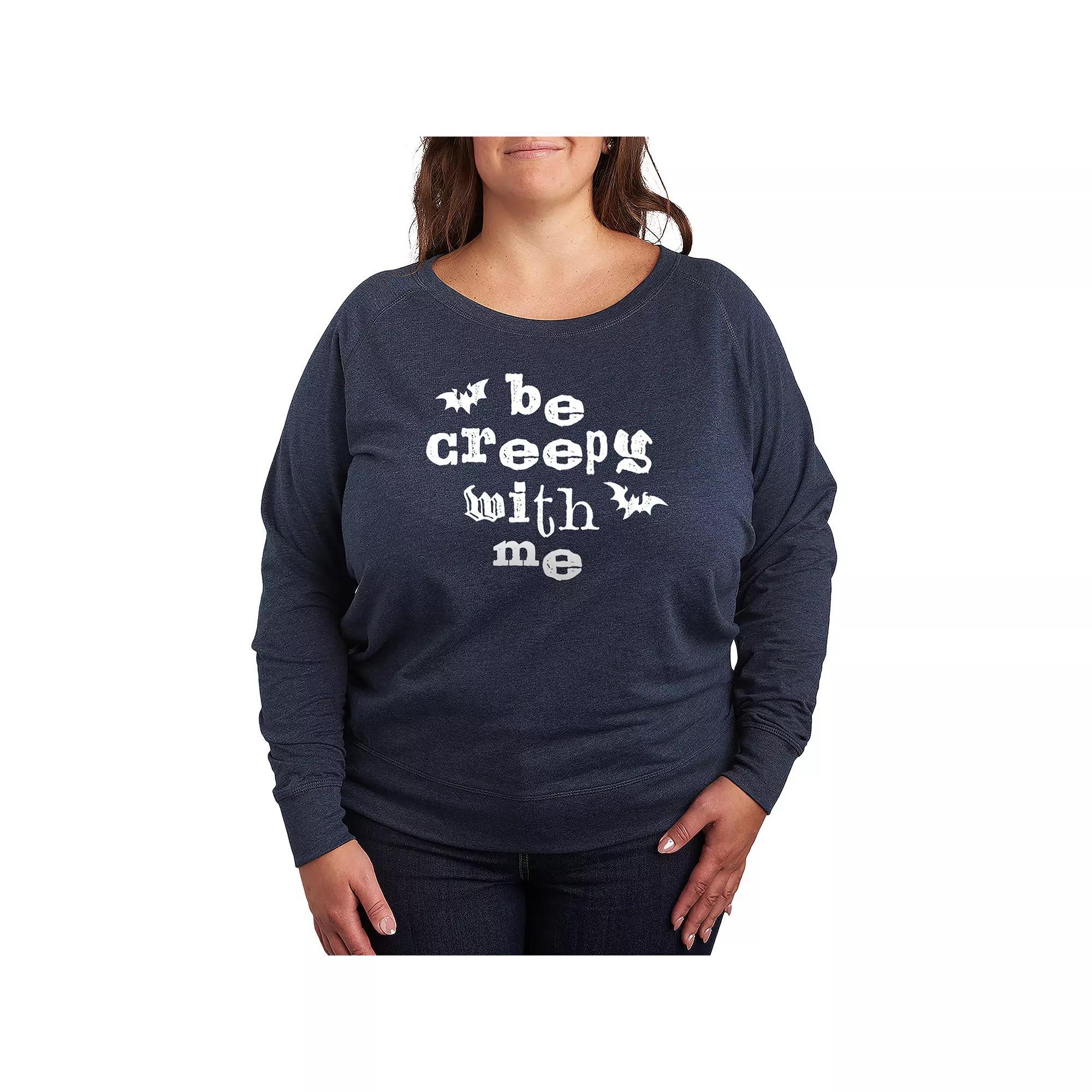 Plus Size Be Creepy With Me Bats French Terry Long Sleeve Tee, Womens Grey Dark Red Product Image