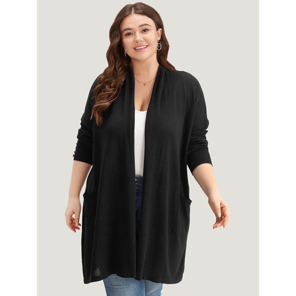 Plus Size Supersoft Essentials Button Detail Lapel Collar Cardigan Black Women Basics Loose Long Sleeve Everyday Cardigans BloomChic 26/4X Product Image