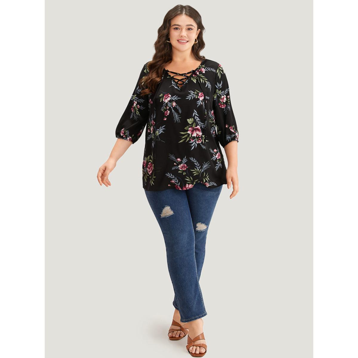 Plus Size Black Floral Print Lace Up Lantern Sleeve Blouse Women Elegant Half Sleeve V-neck Dailywear Blouses BloomChic 10/M Product Image