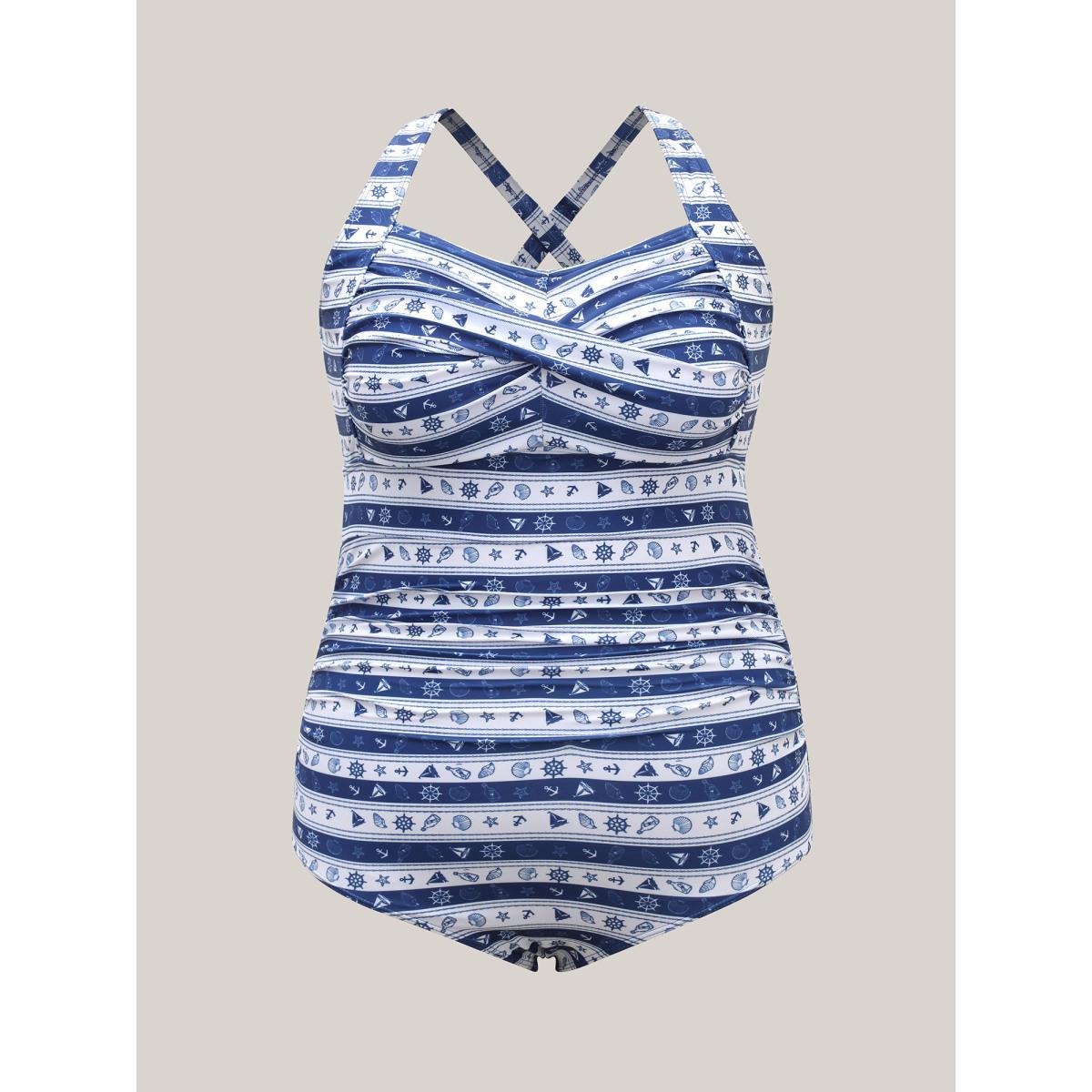 Plus Size Nautical Striped Twist Front One-Piece Swimsuit Women's Swimwear Indigo Beach Twist Curve Bathing Suits High stretch One Pieces BloomChic 28/5X Product Image