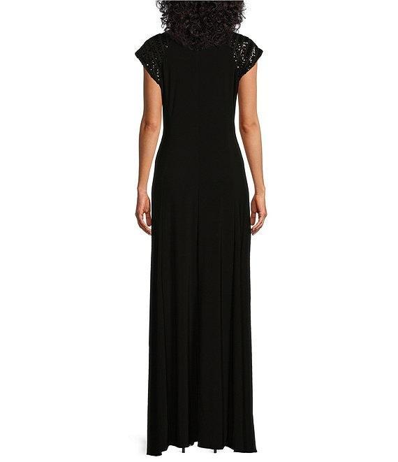 Le Bos Cap Sleeve V-Neck Sequin Trim Bodice Gown Product Image