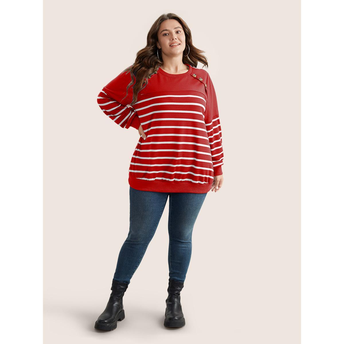 Plus Size Striped Patchwork Button Detail Sweatshirt Women Red Casual Non Round Neck Everyday Sweatshirts BloomChic 18-20/2X Product Image