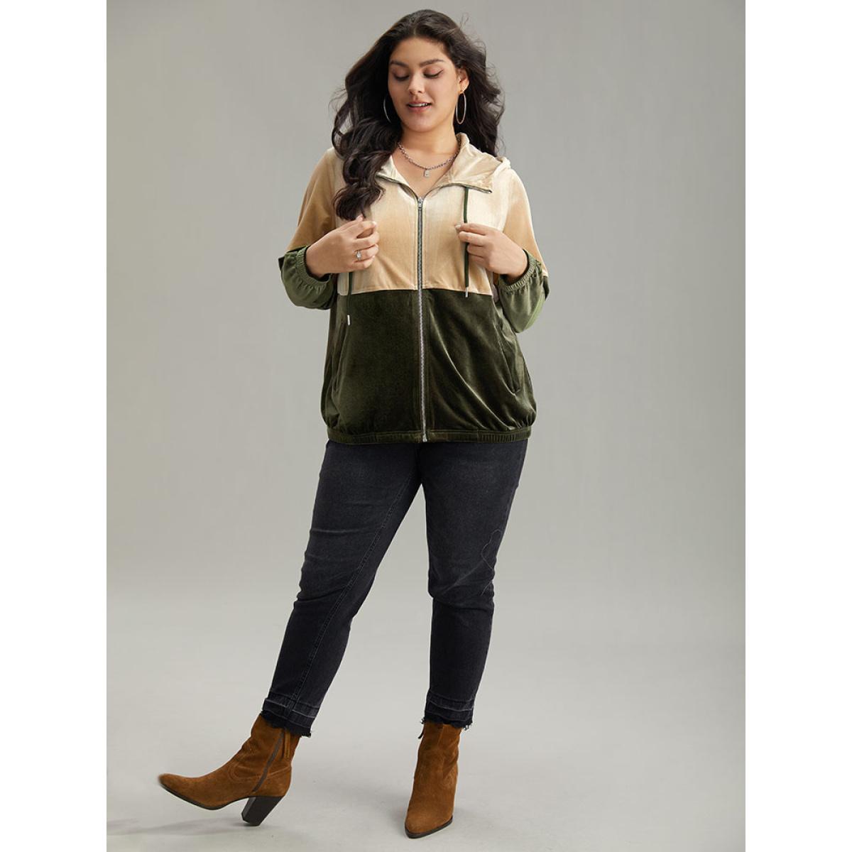 Plus Size Velvet Contrast Hooded Slant Pocket Jacket Women ArmyGreen Velvet Pocket Dailywear Jackets BloomChic 14-16/1X Product Image