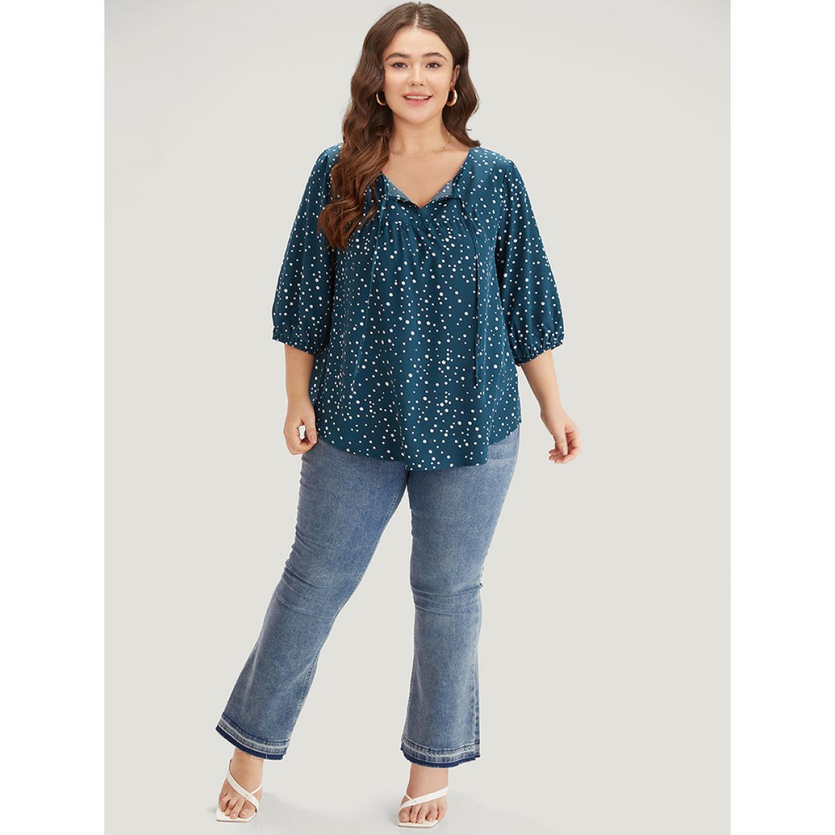 Plus Size Aegean Polka Dot Knot Neck Arc Hem Blouse Women Elegant Elbow-length sleeve Tie Neck Dailywear Blouses BloomChic 26/4X Product Image