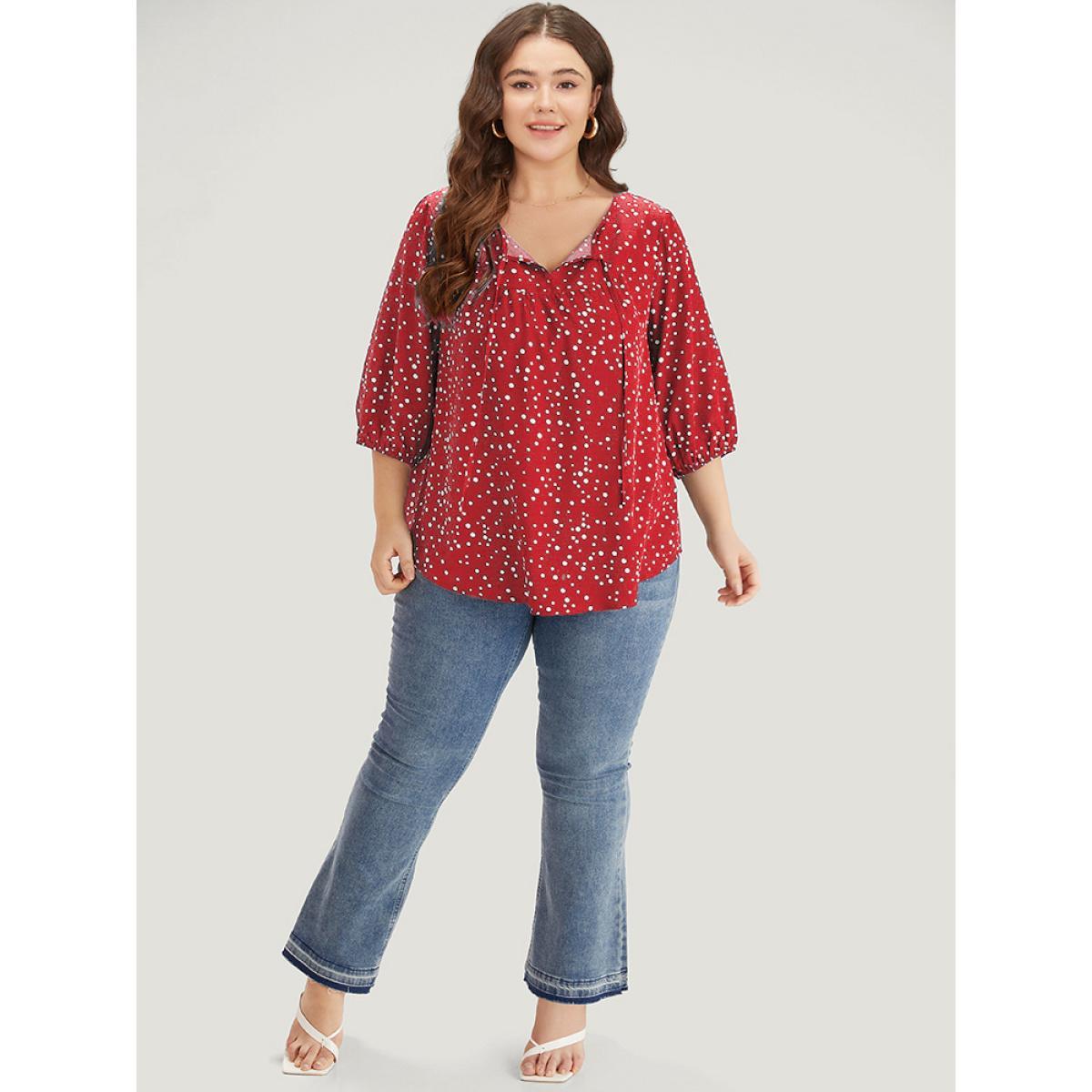 Plus Size Raspberry Polka Dot Knot Neck Arc Hem Blouse Women Elegant Elbow-length sleeve Tie Neck Dailywear Blouses BloomChic 18-20/2X Product Image