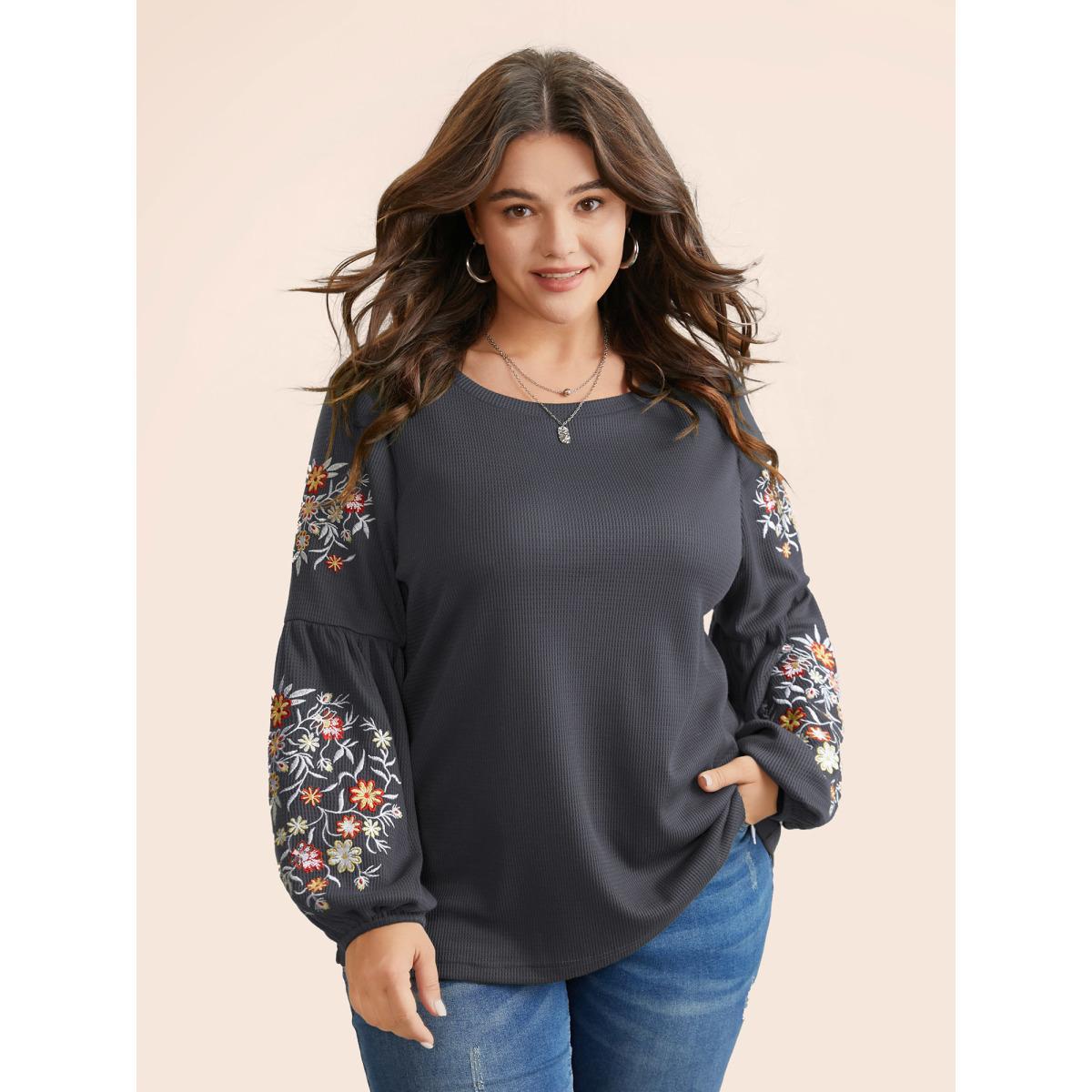 Plus Size Waffle Knit Floral Embroidered Lantern Sleeve T-shirt DimGray Women Elegant Texture Floral Round Neck Everyday T-shirts BloomChic 10/M Product Image