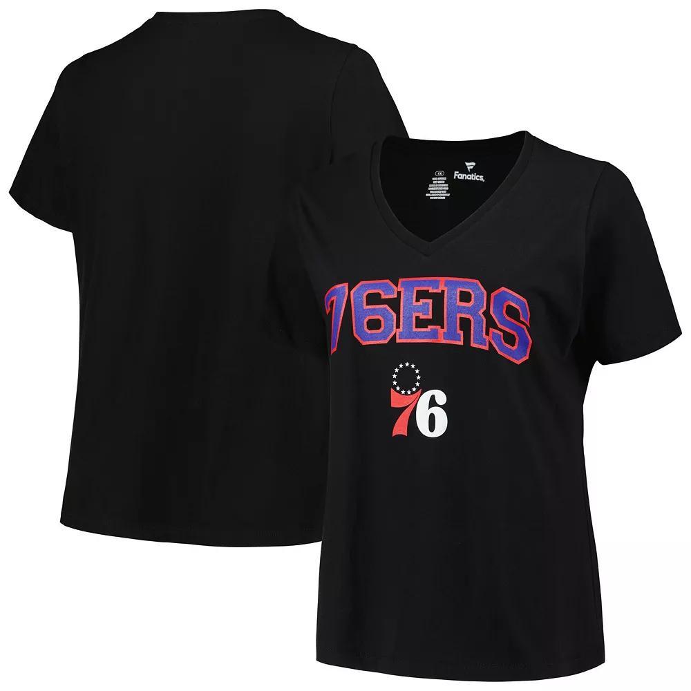 Women's Profile Black Philadelphia 76ers Plus Size Arch Over Logo V-Neck T-Shirt, Size: PLUS Medium, 76r Black Product Image