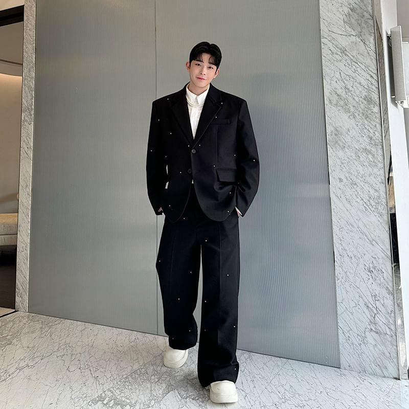 Set: Lapel Collar Single Breasted Blazer + Mid Rise Plain Wide Leg Dress Pants Product Image