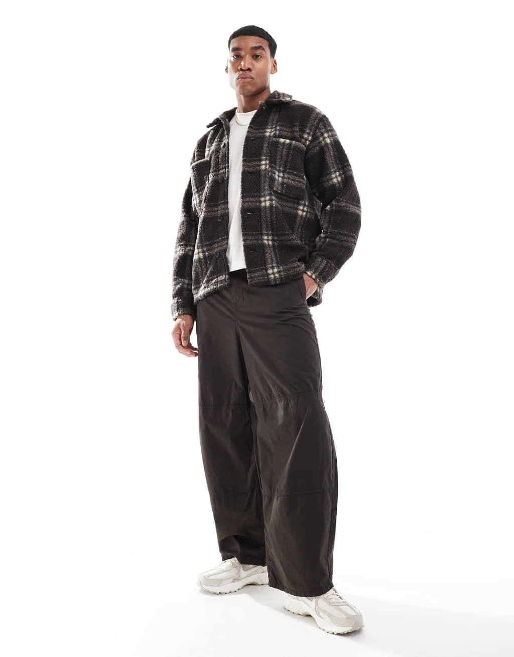 Jack & Jones borg shacket in brown check Product Image