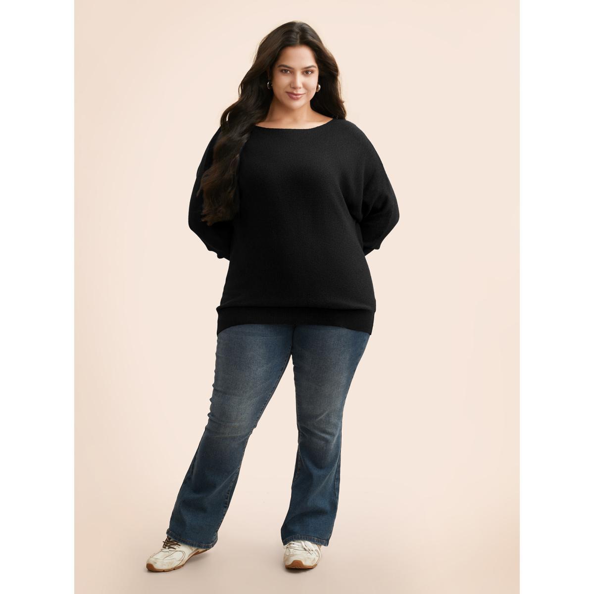 Plus Size Supersoft Dolman Sleeve Pullover Black Women Casual Loose Long Sleeve Boat Neck Everyday Pullovers BloomChic 22-24/3X Product Image