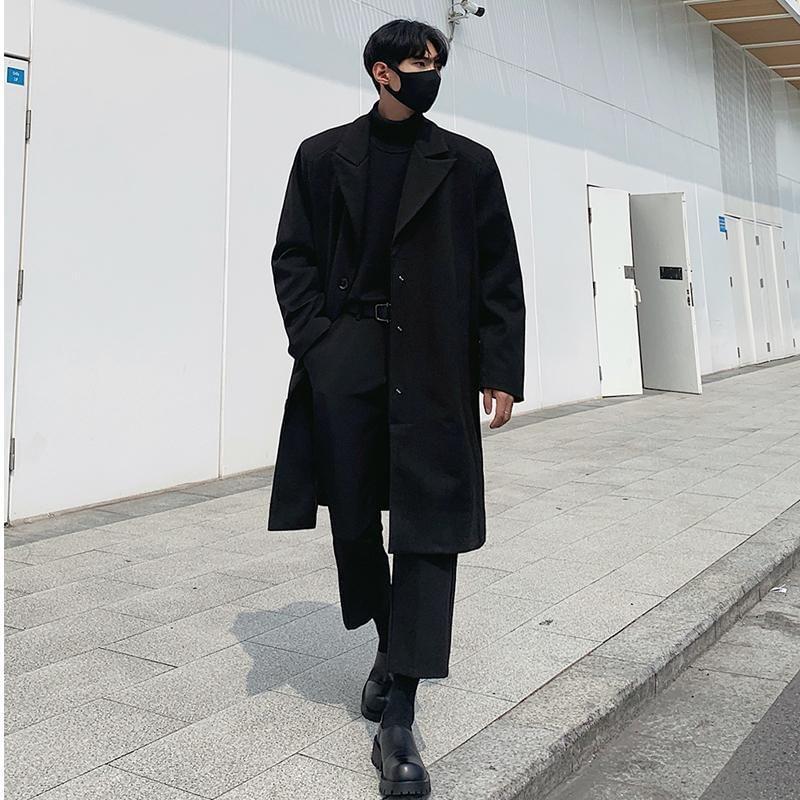 Lapel Collar Plain Single-Breasted Long Coat Product Image