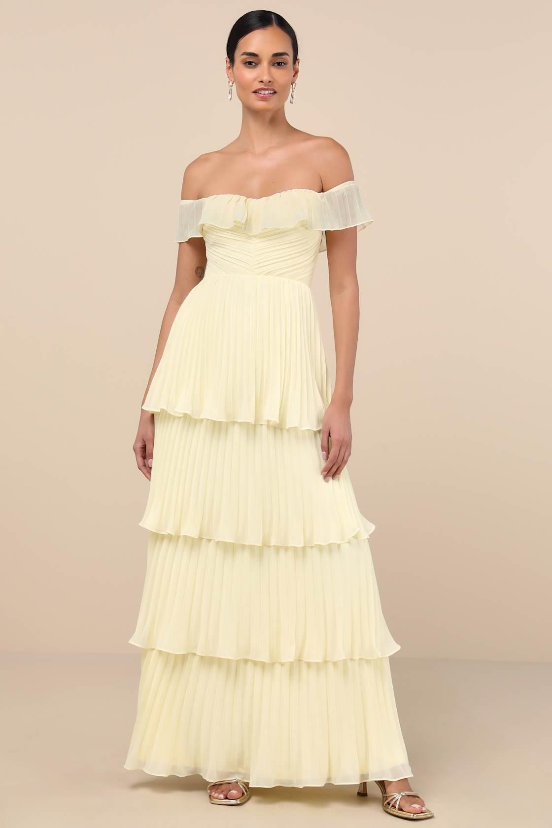 Always Remarkable Pale Yellow Off-the-Shoulder Maxi Dress Product Image