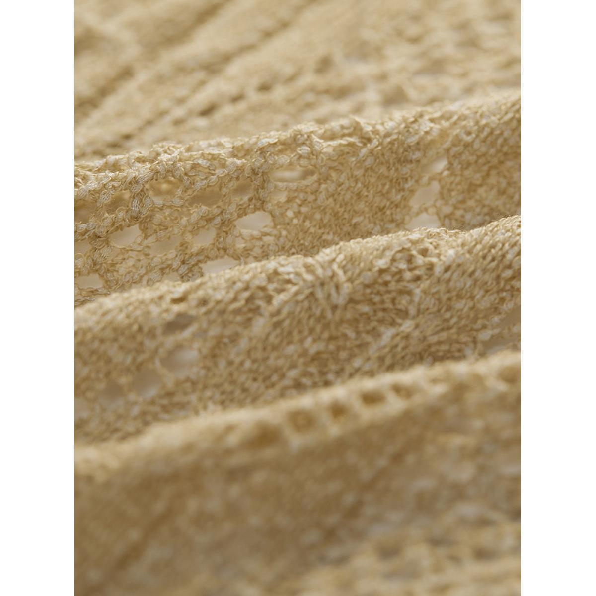 Plus Size Solid Fringe Trim Geometric Eyelet Batwing Sleeve Cardigan Tan Women Casual Loose Long Sleeve Dailywear Cardigans BloomChic 28/5X Product Image